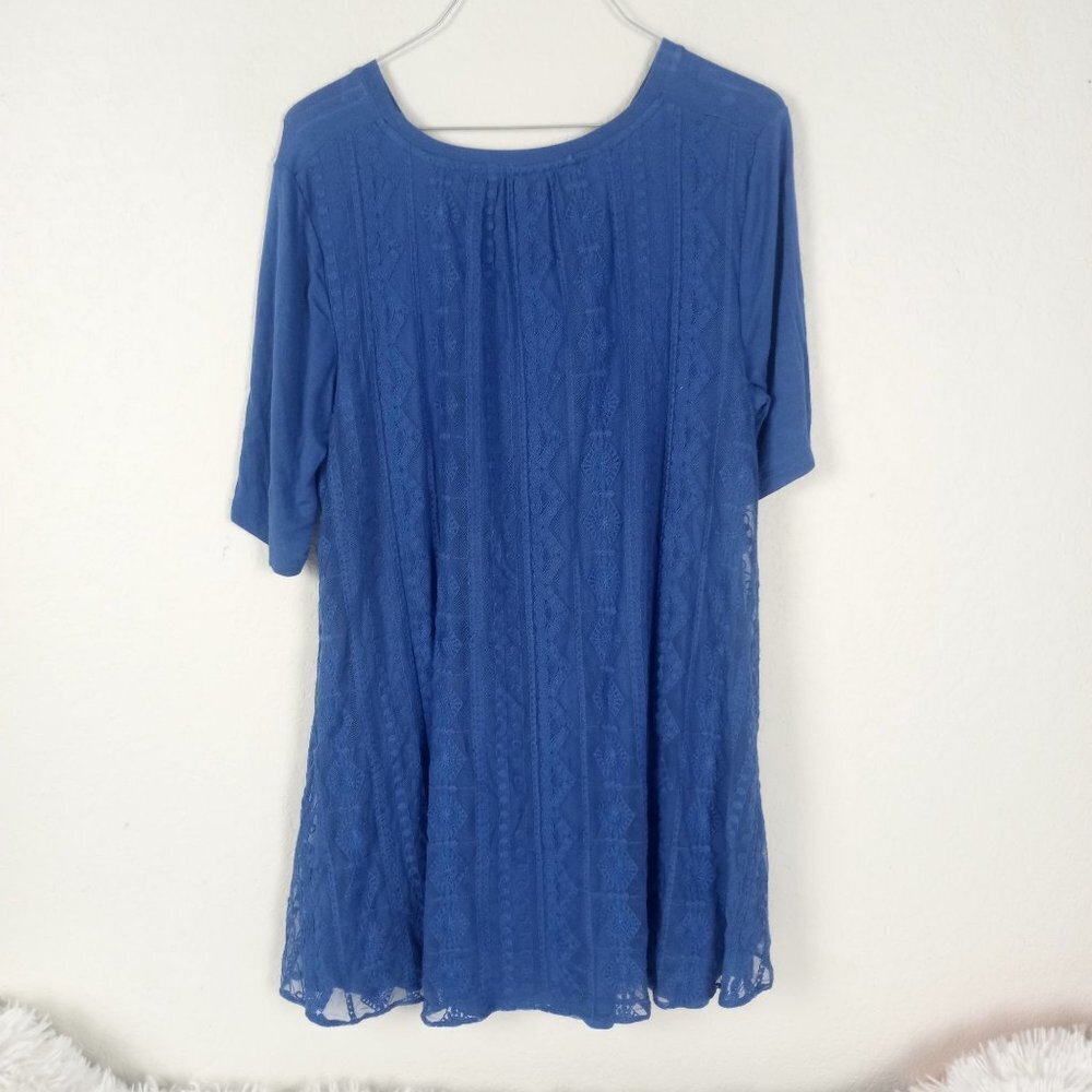 LOGO Lori Goldstein Tunic Blue Slouchy Pockets Lace Back Detail Top M